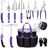 Purple Garden Tool Set Gardening Items for Women – 11PCS Heavy Duty Garden Tools with Detachable Storage Bag, Weeder, Dual-Purpose Hoe