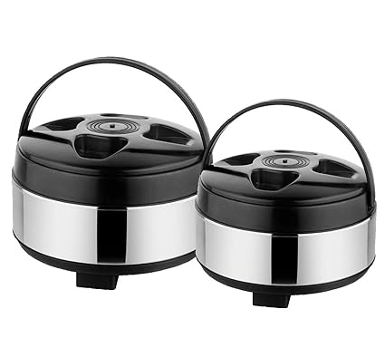 SSE Combo 2pc Set of Thermoware Casserole Hot-Pot Stainless Steel Insulated High Food Grade Quality Thermoware Casserole Hot-Pot with Plastic Lid (1000ml +1000ml Casserole Hot-Pot)