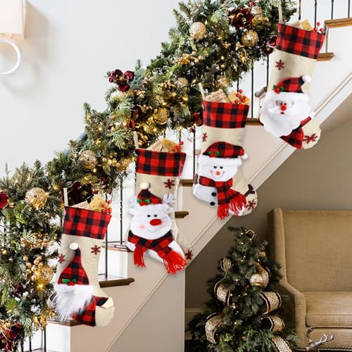 Bemaystar Christmas Stockings - 18.5\" Burlap Plaid Christmas Stocking Xmas Hanging Stockings Holiday for Kids Christmas Tree Fireplace Family Party Decor - Snowman