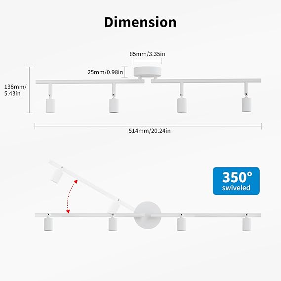 LVWIT Kitchen Lights Ceiling White,Light Fittings Ceilings,4 Way Ceiling Spotlight Fitting,Ceiling Lights Living Room,GU10 Base Spot Lights for Lounge Bedroom Dining Room(NO Bulb)