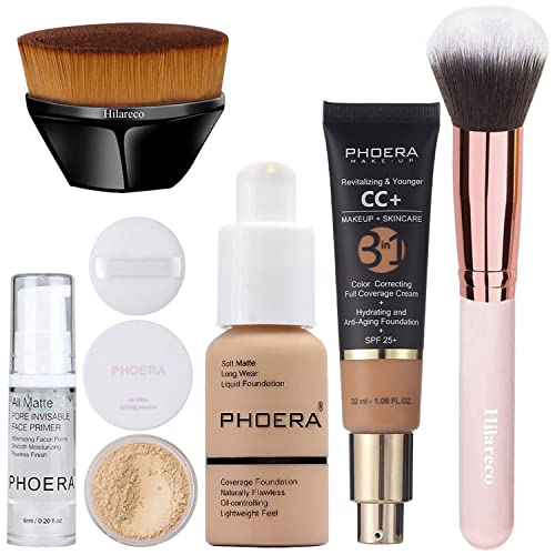 Phoera Foundation, Phoera Cc+ Cream Full Coverage, Phoera Primer, Phoera Powder, Phoera Makeup Set, Kabuki Makeup Brushes Foundation Brush Powder Brush #TOP12