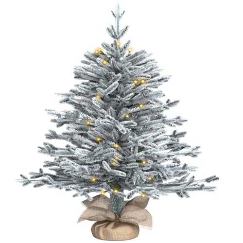 CHARLES BENTLEY Luxury 3ft Pre-Lit Faux Snowy Christmas Tree, 90cm, Warm White LED Lights, Artificial Tree, Snow-Dusted Green Branches, Rustic Hessian-Style Base, Indoor Use, No Assembly