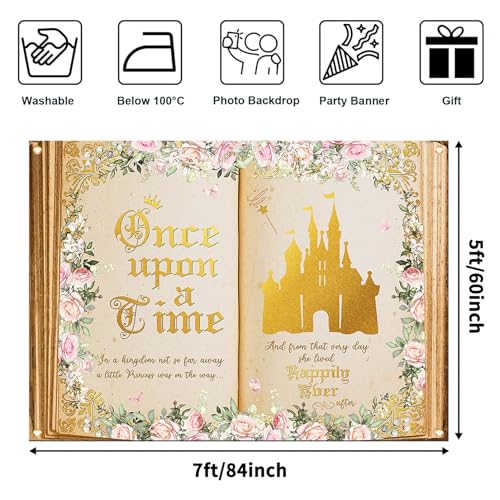 Avezano Once Upon a Time Backdrop for Girls Pink Floral Gold Castle Fairy Tale Baby Shower Party Decorations Story Book Princess Birthday Party Backdrop Supplies (7x5ft)