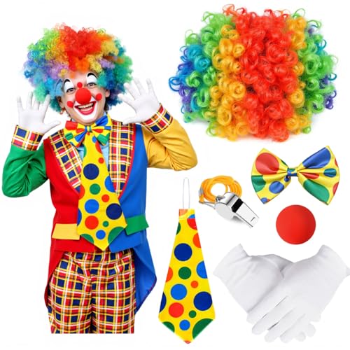 Funny Clown Costume set, 6 Pcs Include Rainbow Wig Nose Bow Tie W...