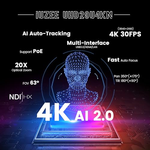 Image of 4K NDI PTZ Camera AI-Auto Tracking, 20X Optical Zoom, USB3.0 /HDMI /LAN PoE, IP Live Streaming, Conference Room Camera for Church Services Education Conference Events, Work with YouTube OBS