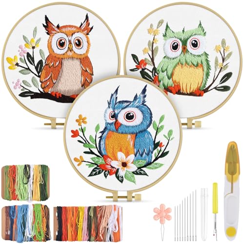 Image of TINDTOP Embroidery Kit for Adults, Owl Embroidery Practice Kit | for Adult Beginners Include Embroidery Cloth Hoops Threads for Craft Lover Hand Stitch with Embroidery Skill Techniques