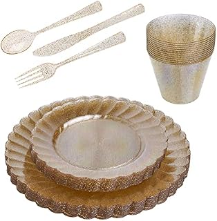 STACKABLES ~ 72 Pcs Dinnerware Set ~ Hard Plastic Multi-Use Dinner Party Sets ~ Reusable Gold Glitter Cups Cutlery Dinner & Dessert Plates for 12 Guests