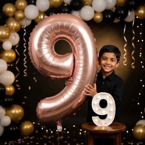 Image of Balloonistics Rose Gold 40-Inch Foil Number 9 Balloon with Matching LED Marquee Light - Combo Set for 9th Birthday, Anniversary, Party Decoration, Photo Booth Backdrop, Cake Table Decor