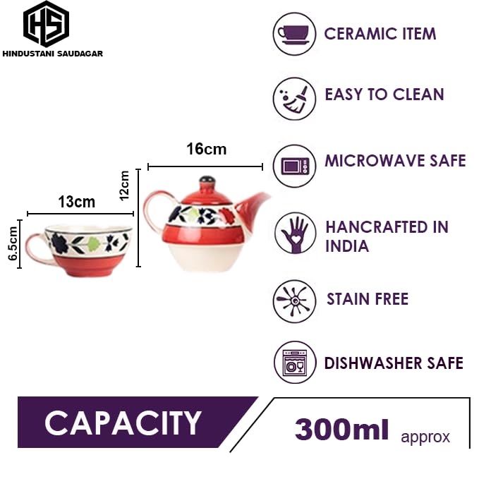HS HINDUSTANI SAUDAGAR Bloomberry Red Ceramic Tea Pot Kettle with Cup Milk hot Water Cup with Handle teapot Set of 1 Coffee chai Kettle 300ml Masala chai Green Tea Ideal serveware for Gifting. - Image 5 thumbnail