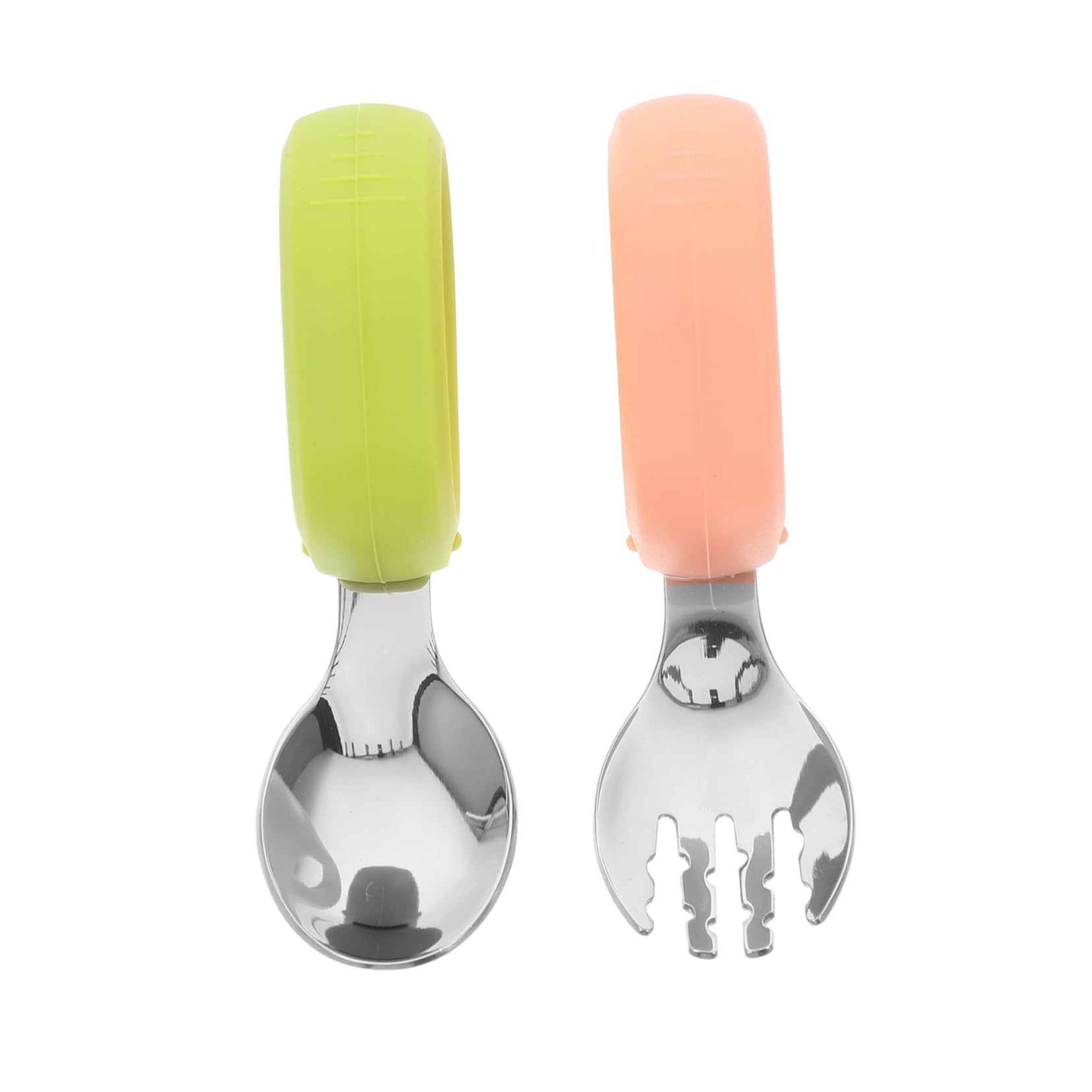 Beavorty Infant Spoon Fork Set Toddler Dinner Utensils Stainless Steel Fork Spoon Comfortable Silicone Short Handle