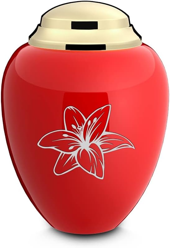 GetUrns Keepsake Tribute Lily Cremation Urn (Red and Shiny Brass)