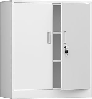 Metal Storage Cabinet with Locking Doors and 2 Adjustable Shelves, Small Lockable Storage Cabinet for Home Office Garage (White)