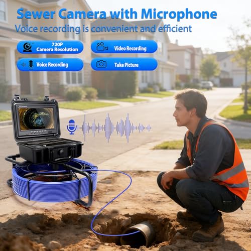 Cámara de Alcantarillado con Localizador, Auto-nivelante, Pantalla IPS de 9", Cámara de Inspección con DVR, MIC, IP68 con 12 LEDs para Hogar, Drene Tuberías miniatura 5