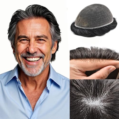 Toupee for Men Human Hair Piece Replacement System for Men Full Lace Mens Toupee Hairpieces Man Hair Units Wigs(#1B10 Off Black+10% Gray 7''X9'')