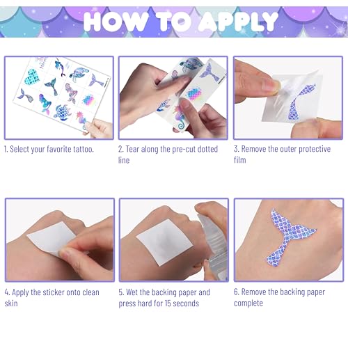96PCS Mermaid Pre-Cut Temporary Tattoos for Kids - Cute Under the Sea Party F...