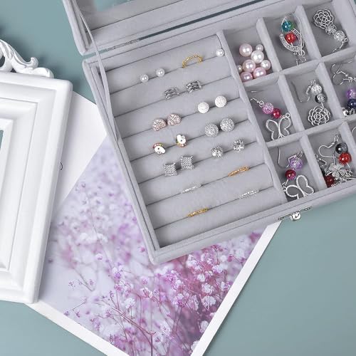Image of BucketList Women's Velvet Glass Ring Earrings Jewelry Box - Display Storage Showcase Holder Organizer (Small 9 Grid 9 Rows-Grey)