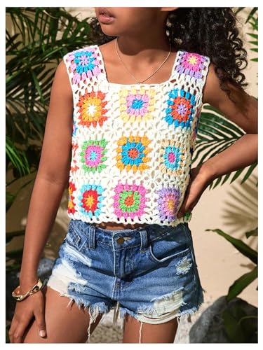 GORGLITTER Girl's Floral Pattern Crochet Top Sleeveless Square Neck Knitted Tank Tops4