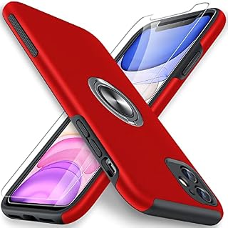 AOUIA iPhone 11 Case, with 2 Pack Glass Screen Protector, iPhone 11 Protective Cover Shockproof Slim Non-Slip Rugged Case 360° Rotatable Ring Holder Magnetic Car Kickstand Cases for iPhone 11 -Red