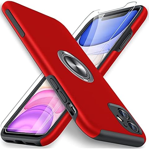 AOUIA iPhone 11 Case, with 2 Pack Glass Screen Protector, iPhone 11 Protective Cover Shockproof Slim Non-Slip Rugged Case 360° Rotatable Ring Holder Magnetic Car Kickstand Cases for iPhone 11 -Red Cover