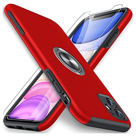 JAME for iPhone 11 Case with [2 Pack] Tempered-Glass Screen Protector, Slim Soft Bumper Case for iPhone 11 Case, with Invisible Ring Holder Kickstand for iPhone 11 Case, Red