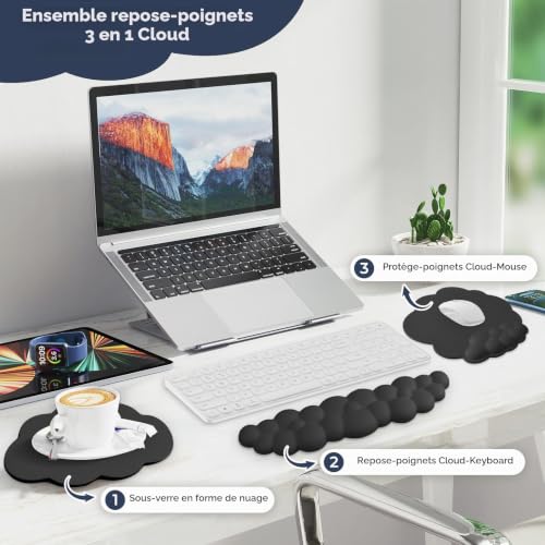 Votoko Cloud Repose Poignet Clavier Souris Avec Dessous De Verre, 3 En 1 Reposes-Poignets Ergonomique, Cuirn Synthétique, Mousse à Mémoire, Repose Poignet Nuage Pour PC Jeux Bureau Maison (Noir) – vue 2