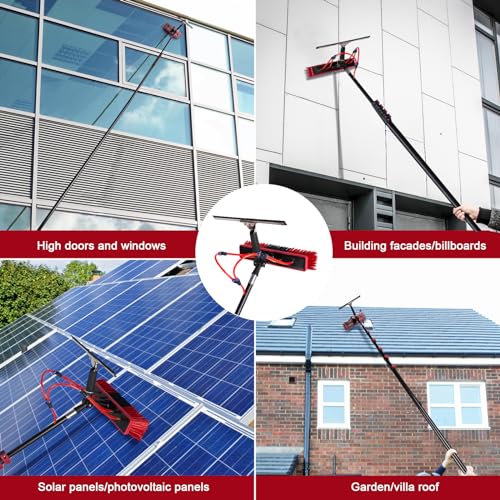 Image of 30ft Long Reach Solar Panel Cleaning Brush Kit, Telescopic Water Fed Pole, Squeegee & 2 Dusting Brushes for Window Outdoor Roof Cleaner Kit