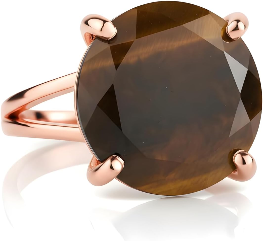 14k Rose Gold Tiger Eye Ring - Round Cut Natural Gemstone Jewelry - Handmade Brown Stone Statement Ring for Women - Earthy Semiprecious Jewelry