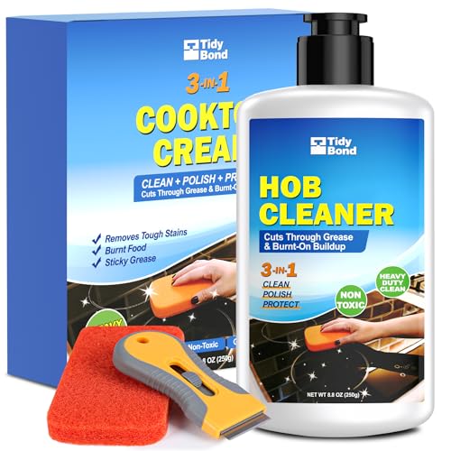 Hob Cleaner Kit for Glass Ceramic & Induction Hobs Heavy Duty Hob Cleaner and Polish with Scraper & Non-Scratch Pad Removes Burnt-On Food Grease & Stains for Electric Hob Cleaning 250ml