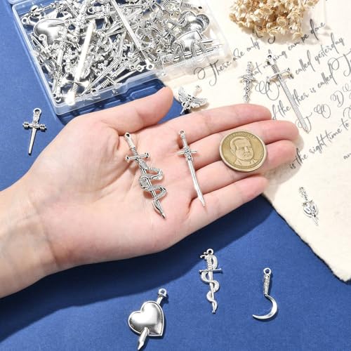 Stiesy 60Pcs 10 Styles Vintage Sword Charms Antique Silver Snake Sword Pendant Charm Tibetan Swords with Skull Heart Moth Charms for Jewellry Making DIY Bracelet Crafting - Image 4