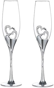 Sziqiqi Wedding Champagne Glass Set Silver Toasting Flute Glasses Pack of 2 with Rhinestone Rimmed Hearts Decoration for Wedding, Anniversary and Special Occasions