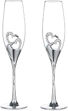 Wedding Champagne Glass Set Silver Toasting Flute Glasses Pack of 2 with Rhinestone Rimmed Hearts Decoration for Wedding, Anniversary and Special Occasions
