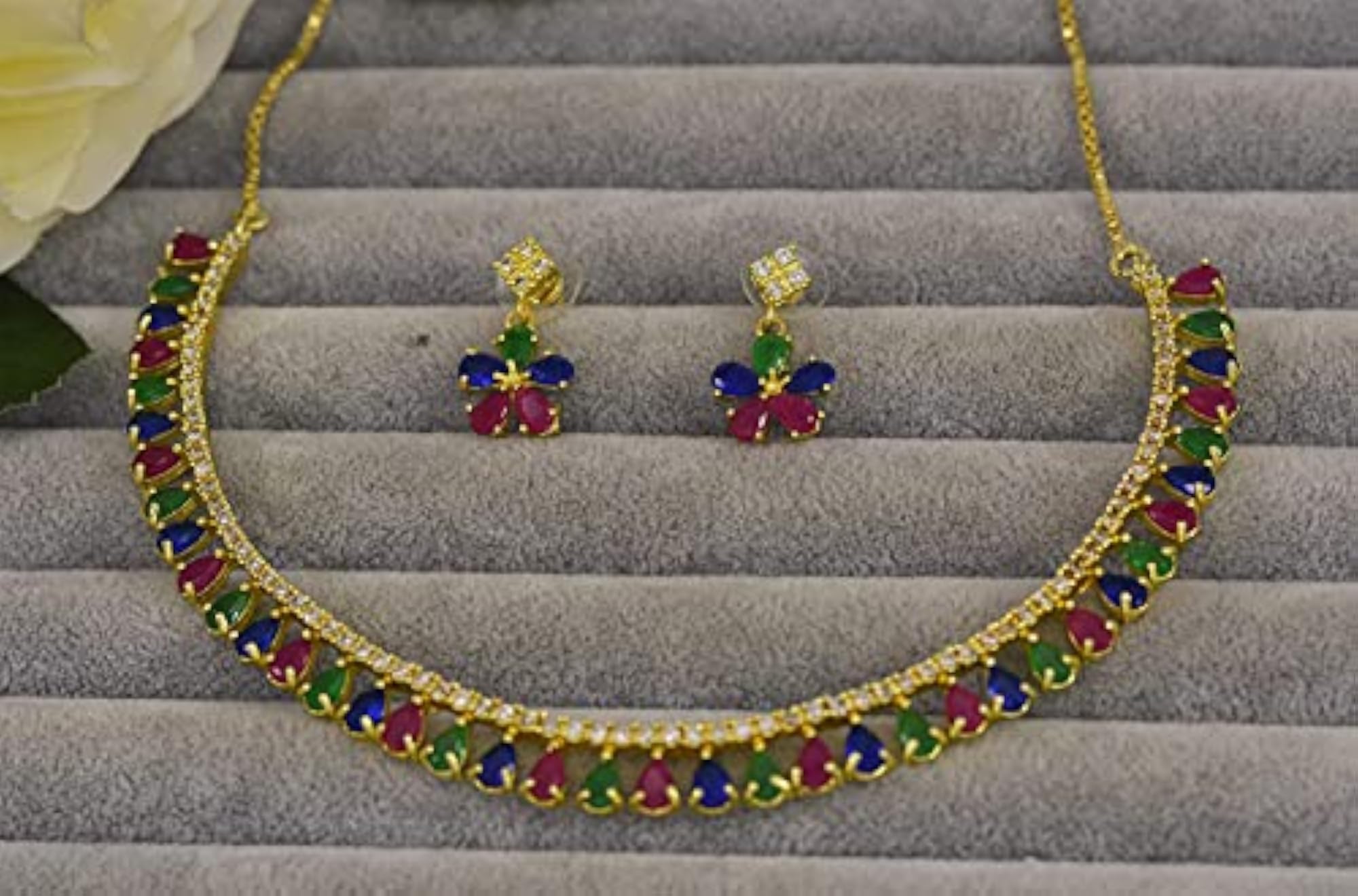 American Diamond Plated Sparkling Choker Necklace with Earrings Set
