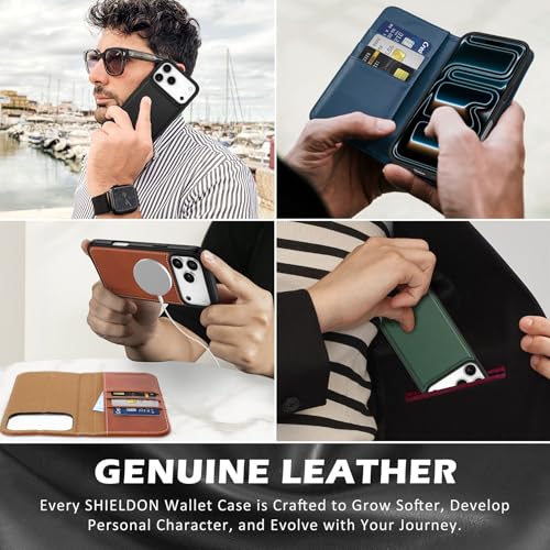 SHIELDON Capa carteira 2 em 1 para iPhone 17 Pro Max 6,9 polegadas | destacável, couro legítimo, carregamento sem fio, suporte flip, compartimento para cartão de crédito com bloqueio RFID, capa