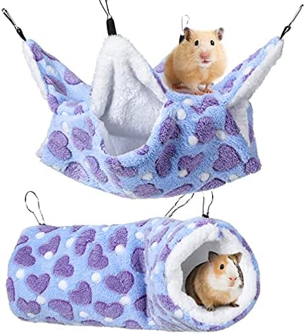 2 Pieces Small Pet Cage Hammock Hanging Tunnel for Small Animals Hanging Bed Cage Guinea Hammock Cage Accessories for Ferret Rat Chincilla Hammock Sleeper Cage Accessories Set (Purple, Heart)