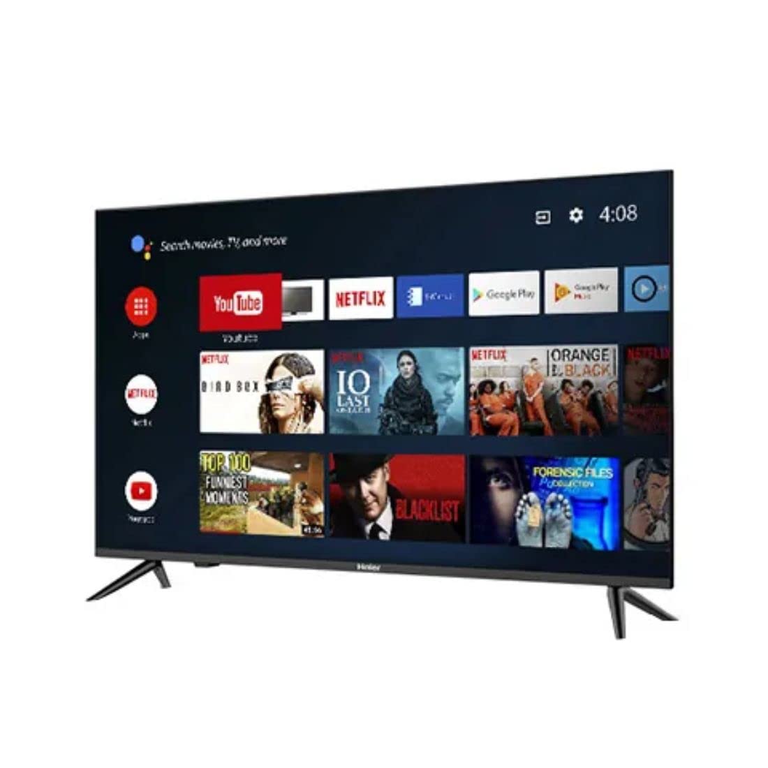 მხარე view of Haier 43K7700UGA TV with stand attached