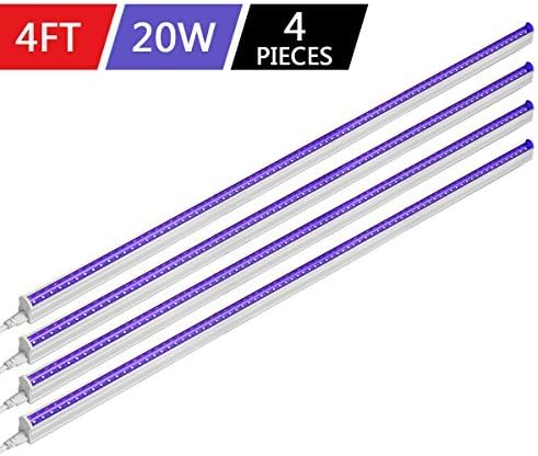 Byingo UV Black Light Fixtures 4ft 20W LED T5 Integrated Single Fixture Extendable Tube Bulb Blacklight for DJ Stage Dorm Party Club, Corded Included Built-in ON/OFF Switch Plug and Play, 4-Pack