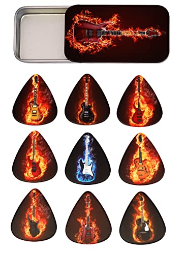 Tin of 9 Flaming Guitar Plectrums - Double sided - Harmony Picks, Black, 30.48 x 20.32 x 7.62 millimeters - Image 2