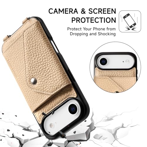 LUCKYCOIN Crossbody Phone Case for iPhone Air,100% Genuine Leather Phone Wallet Case for Women,Fashion Premium Hands-Free Phone Purse with Expandable Flip Card Holder & Adjustable Strap - Pebble Beige by LUCKYCOIN - Image 2
