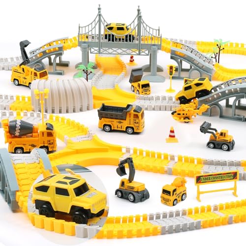 🤩【Set di piste da corsa flessibili】Il set di piste da corsa comprende 288 piste flessibili che possono essere giuntate a piacere. Un totale di 10 veicoli da costruzione, di cui 5 tipi diversi (betoniere, rulli compressori, escavatori, dumper, aerei) e 2 auto da corsa elettriche. Nota: l'auto da corsa elettrica richiede 1 batteria AA (non inclusa)!!!