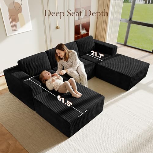 Image of Vesgantti 119 inch Oversized U-Shaped Modular Sectional Sofa, Corduroy Cloud Couch with Deep Seating & Spring Support, Convertible Sofa with 2 Ottomans, Boneless Couch, No Assembly Required, Black