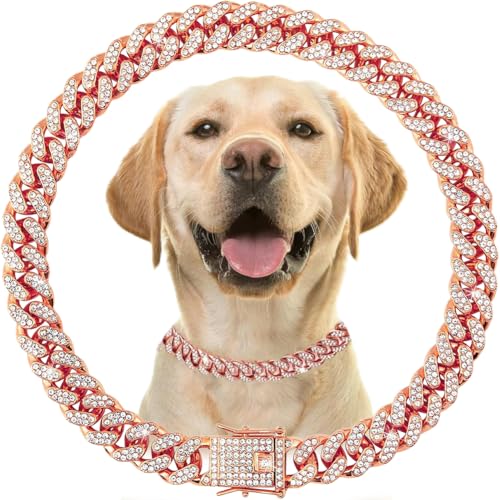 Image of Dog Collars for Small Dogs with Diamond,Bling Metal Cuban Link Dog Collars,Rhinestone Rose Gold Dog Necklace Collar for Small Medium Large Pet Dogs Cats,10 Inch