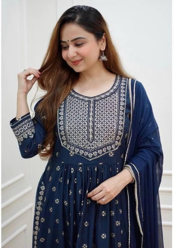 PINK GALAXY Women's Rayon Floral Printed or Embroidered Work Kurti Pant with Dupatta || 3 Piece Set for Women's3