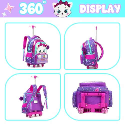 Rolling Backpack with Wheels for Girls Kids Cute Cat Rolling Backpack with Lunch Bag and Pencil Case Set Kids Travel Luggage for Elementary Girls Ages 5-123