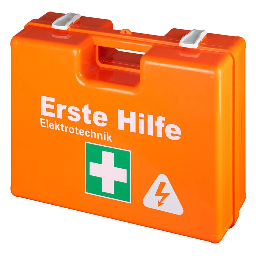 Erste-Hilfe-Koffer Elektrotechnik, orange, mit Wandhalterung, DIN 13157, Art.-Nr. 611196 | Verbandskasten | Notfallkoffer | Erste Hilfe Kasten