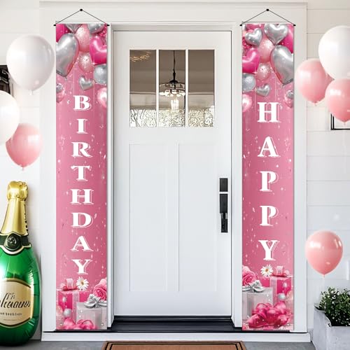 BlissYard Happy Birthday Door Banner 12x72 Inch Pink Heart Design Vertical Birthday Banner for Party Entrance Porch Door Decoration Hanging Birthdays Banners for Girls Family Celebration Event