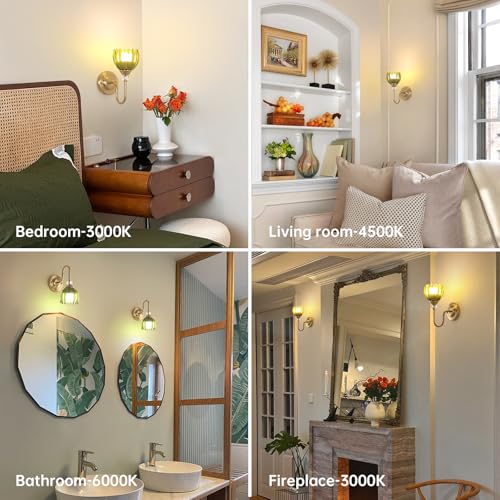 Image of Set of 2 Vintage Battery Operated Wall Sconce, Rechargeable Wall Lamp with 5000mAh Battery & Remote Control, Dimmable Wall Lights with tulip shade for Bedroom Bathroom Living Room, (Tulip Green Up)