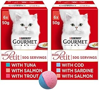 multiple Purina Gourmet Mon Petit Wet Cat Food | Tuna, Salmon & Trout 6 x 50g and Cod, Sardine & Salmon 6 x 50g | Bundle of 2 with Free Toy Ball Gift