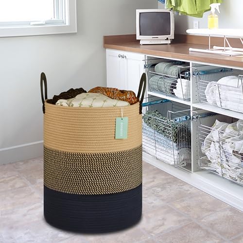 Image of Large Cotton Rope Laundry Hamper for Clothes 65L, Brown & Black | 16 inchx 20 inch, Tall Woven Storage Basket for Nursery, Bedroom & Living Room; Stores Clothes, Blankets, Pillows, Toys & Towels