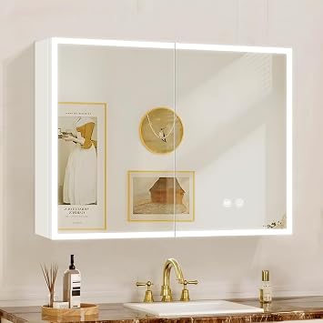 White LED Mirror Medicine Cabinets, Surface Mounted 32 x 24 Inch Bathroom Mirror Cabinet with Lights 3 Colors, Brightness Adjustment, Adustable Shelf, 2 Doors, Anti Fog, Outlets and Memory Function
