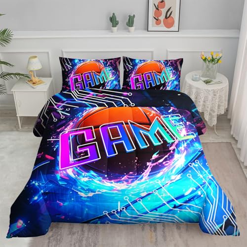 Image of Basketball Comforter Set 3D Sports Theme Printed Bedding Set with 1 Comforter and 2 Pillowcases for Boys and Girls Bedroom All Season(Basketball-2 Full)